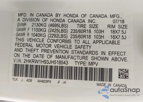 2018 Honda Cr-V Touring z USA, uszkodzony, nr VIN 2HKRW1H93JH518543